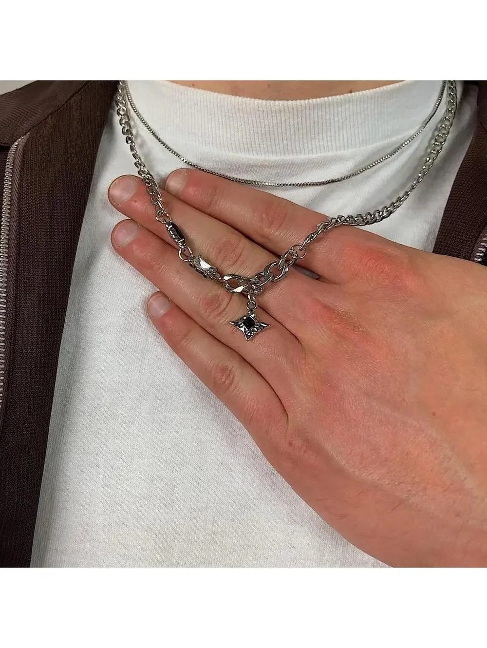 Y2k grunge cyber silver black opal star pendant Cuban link layered chain necklac